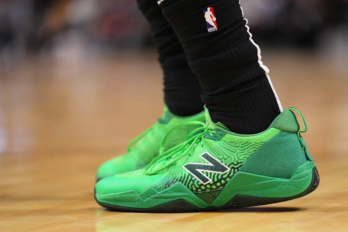 Boston Celtics guard Jaylen Brown wears the New Balance 'TWO WXY LOW' sneakers against the Miami Heat on November 4, 2021.